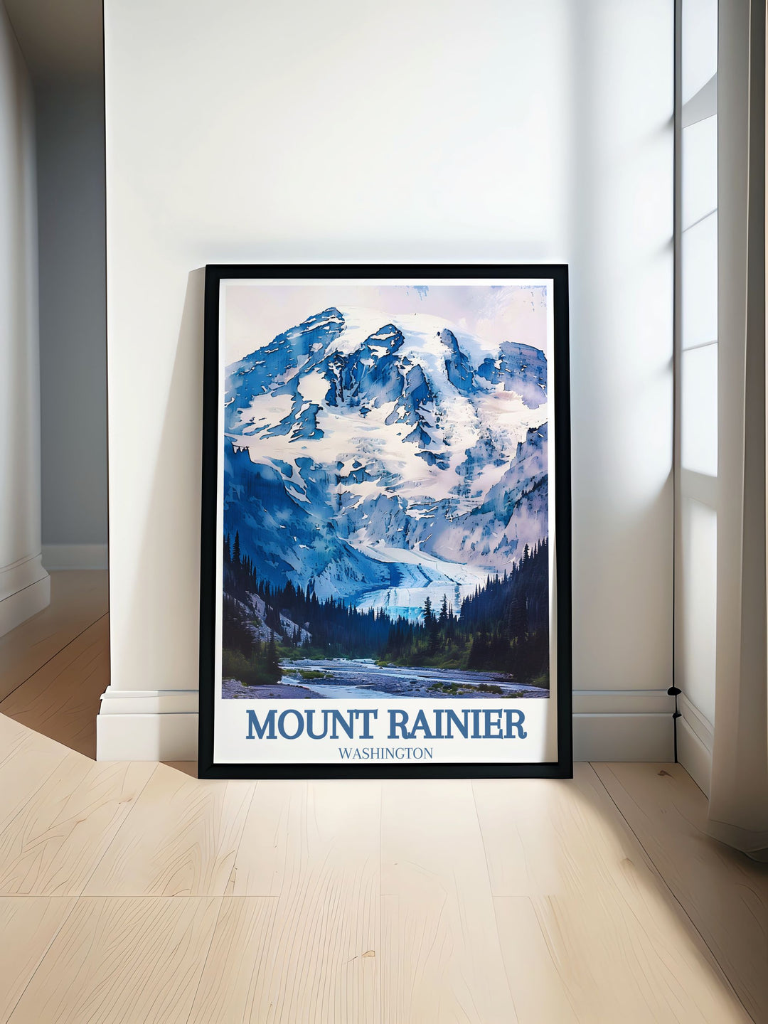 Travel Poster Print of Mount Rainier with vibrant City Color Palette featuring Carbon River and Carbon Glacier perfect for living room decor and personalized gifts