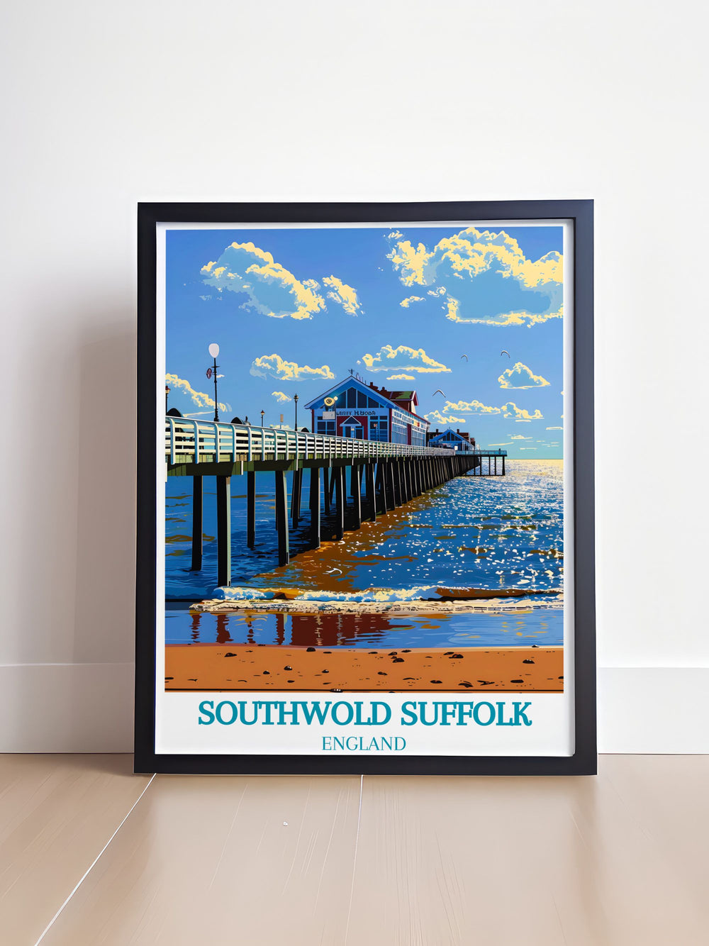 Immerse yourself in the scenic wonders of Southwold with this travel poster, featuring the bustling pier and the vibrant coastal landscape.
