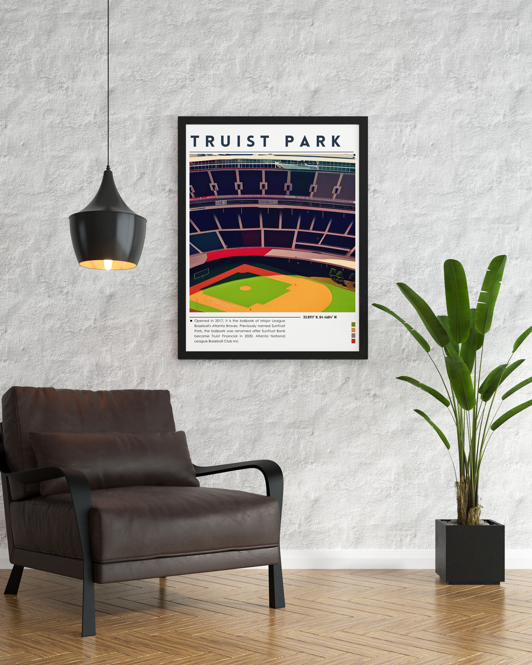 Truist Park artwork featuring a detailed city map and skyline of the Braves home ground a stunning piece for any baseball fan this travel poster print captures the architectural beauty and energetic atmosphere of the stadium making it a unique addition to any collection