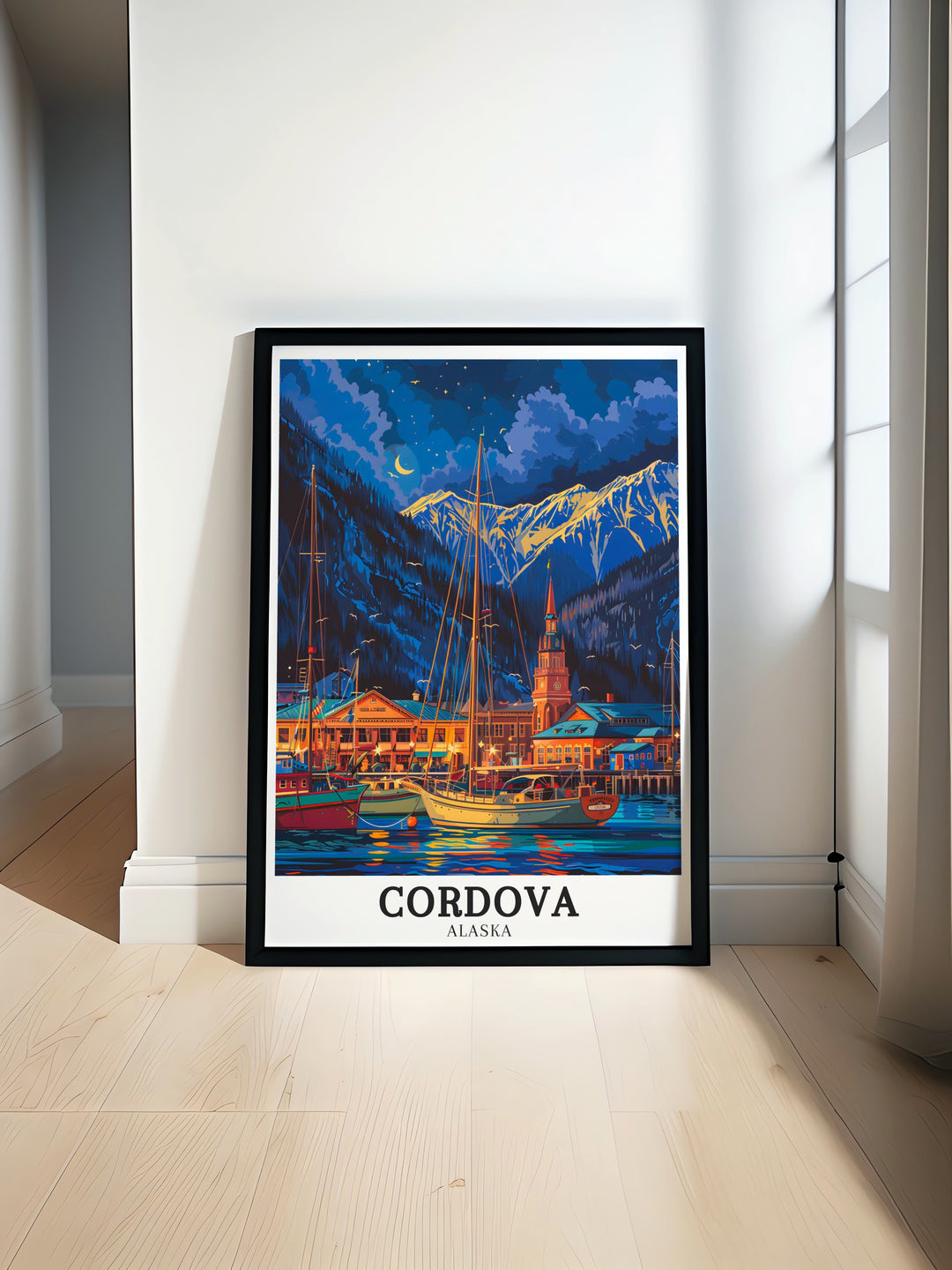 Fine line print of Cordova downtown and its surrounding landscapes offering a minimalist yet detailed depiction of this beautiful Alaskan town perfect for modern home decor