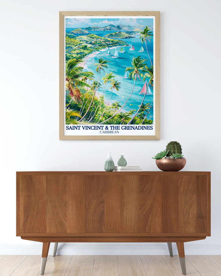 A perfect addition to any island lovers collection, this poster showcases the beauty of Saint Vincent & The Grenadines. The vibrant colors of the Caribbean Sea, combined with the islands natural landscape, offer a refreshing piece of art for your home.