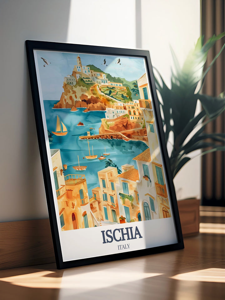 A detailed poster print of Ischia showcasing Ischia Ponte and the colorful SantAngelo. This vibrant travel poster is perfect for any lover of Italian travel and makes for a unique gift or a stunning addition to your home décor.