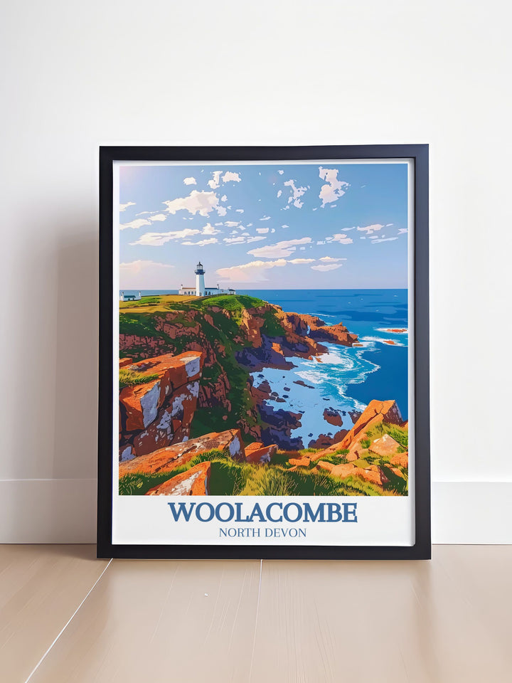 Morte Point and Bull Point Lighthouse poster showcasing the picturesque scenery of Devon ideal wall art for adding elegance to your home decor perfect gift for friends and family who cherish the tranquil charm of Woolacombe