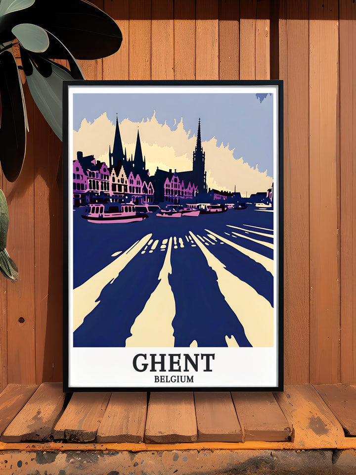 Stunning living room decor with Graslei harbor Cloth Hall Lakenhalle modern prints perfect for those who love Belgium travel art