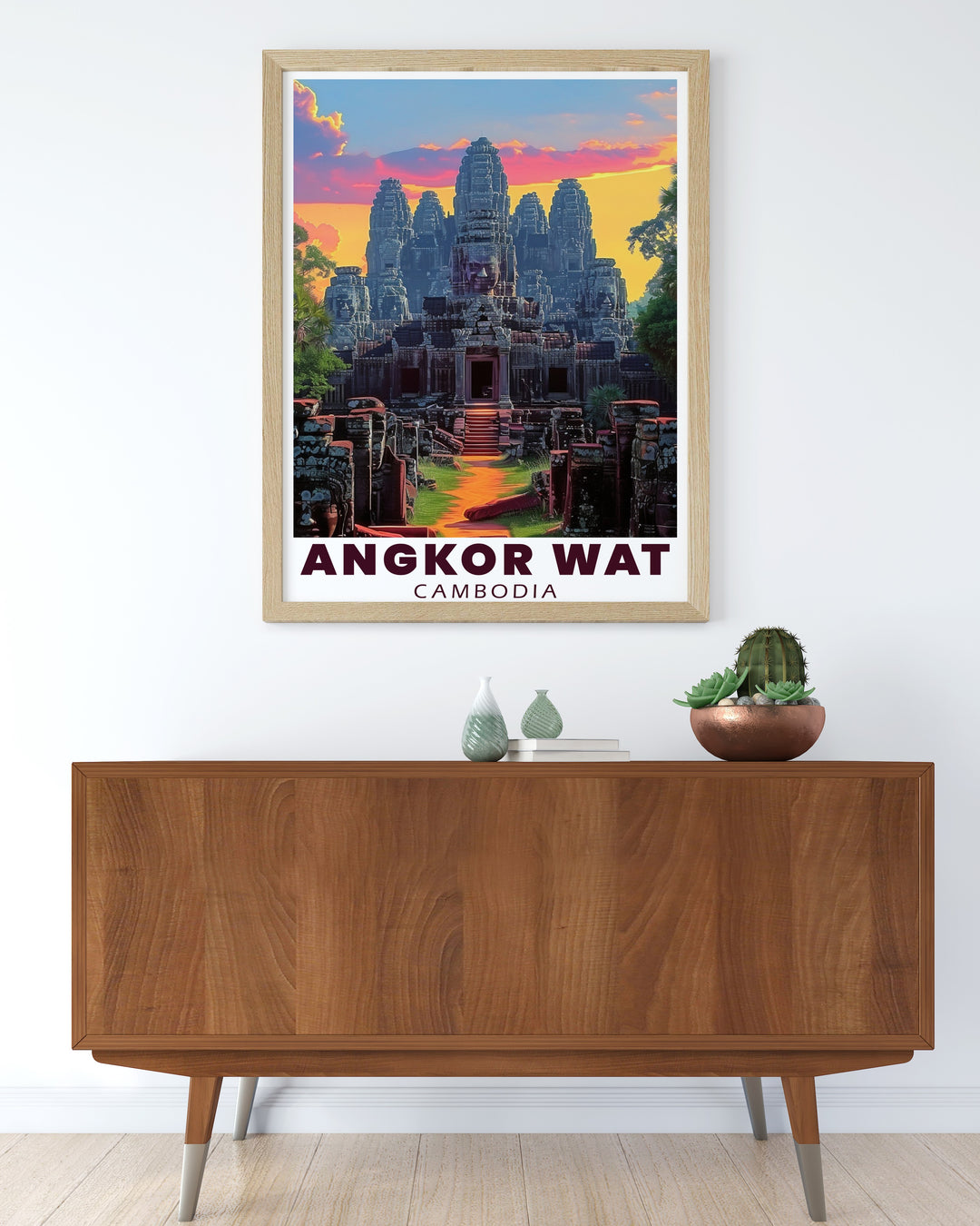 This Angkor Wat and Bayon Temple poster brings the magic of Cambodias ancient wonders into your home. The finely detailed artwork highlights the temples architectural beauty, making it an excellent choice for wall art in any room. Ideal for those who admire the rich history of Southeast Asia.