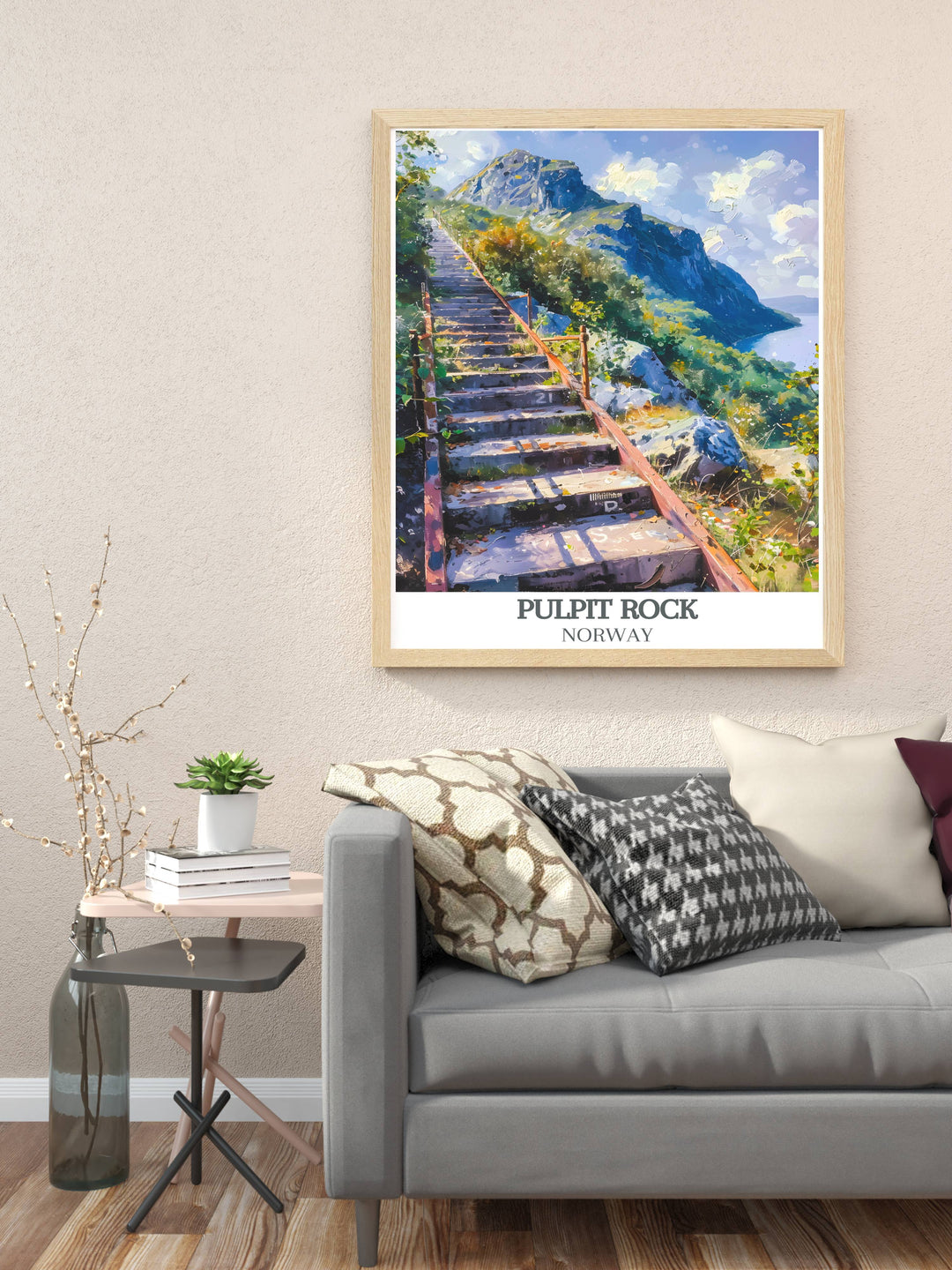 Pulpit Rock Norway travel print with Florlitrappene artwork creating a stylish living room decor piece featuring retro and vintage travel themes