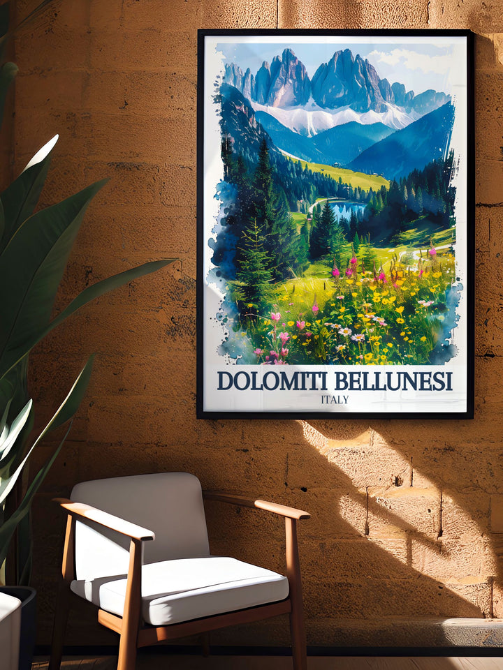 Dolomite range vintage print evoking the golden age of travel with its classic aesthetic and detailed artistry making it a standout piece in your home decor.