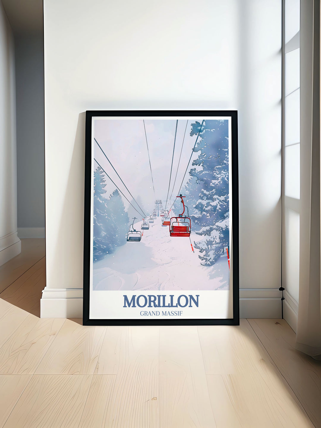 Morillon Ski Resort poster featuring the stunning French Alps Grand Massif perfect for ski enthusiasts and art lovers looking to enhance their living space with beautiful vintage ski prints