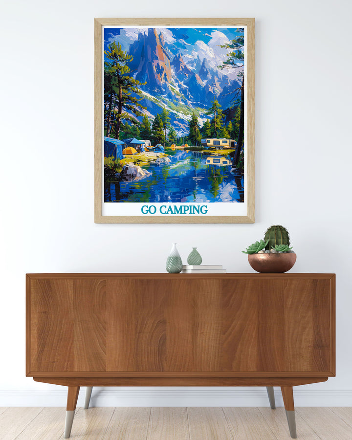 Modern wall decor of a camper van by a serene mountain range, capturing the essence of camping and outdoor serenity, perfect for bringing a piece of nature into your home.