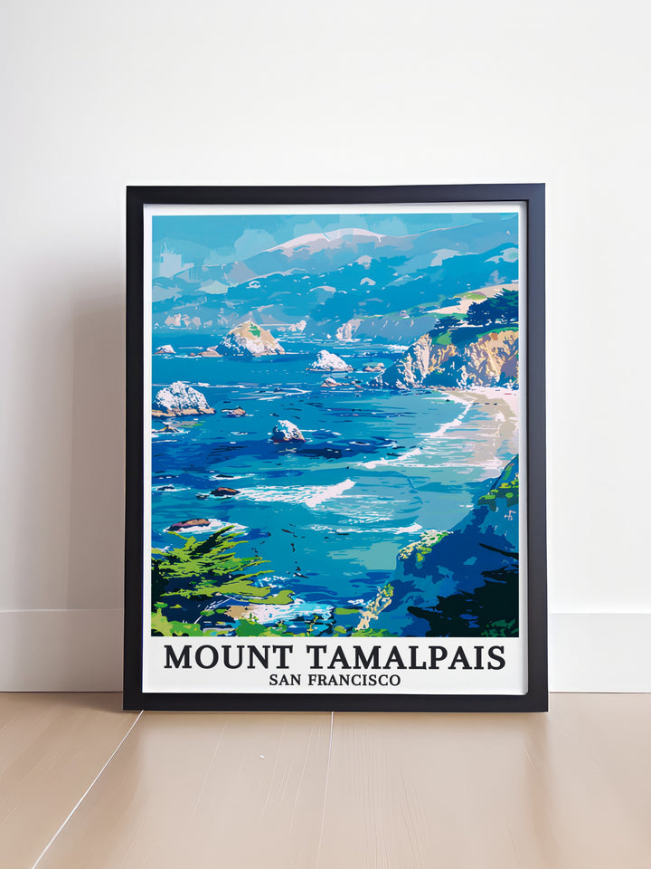 Stunning modern print of Mount Tamalpais with the Pacific Ocean and Marin Hills. This California decor piece is great for gifting or adding a touch of elegance to your home with its vibrant and detailed landscape.