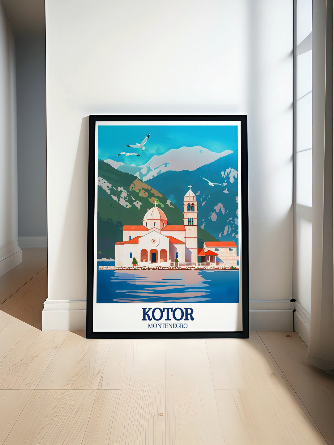 Kotor Bay travel print, featuring the famous Our Lady of the Rocks and the scenic Perast coast, brings a serene view of the Adriatic Sea into your home. A perfect gift for European travel enthusiasts.