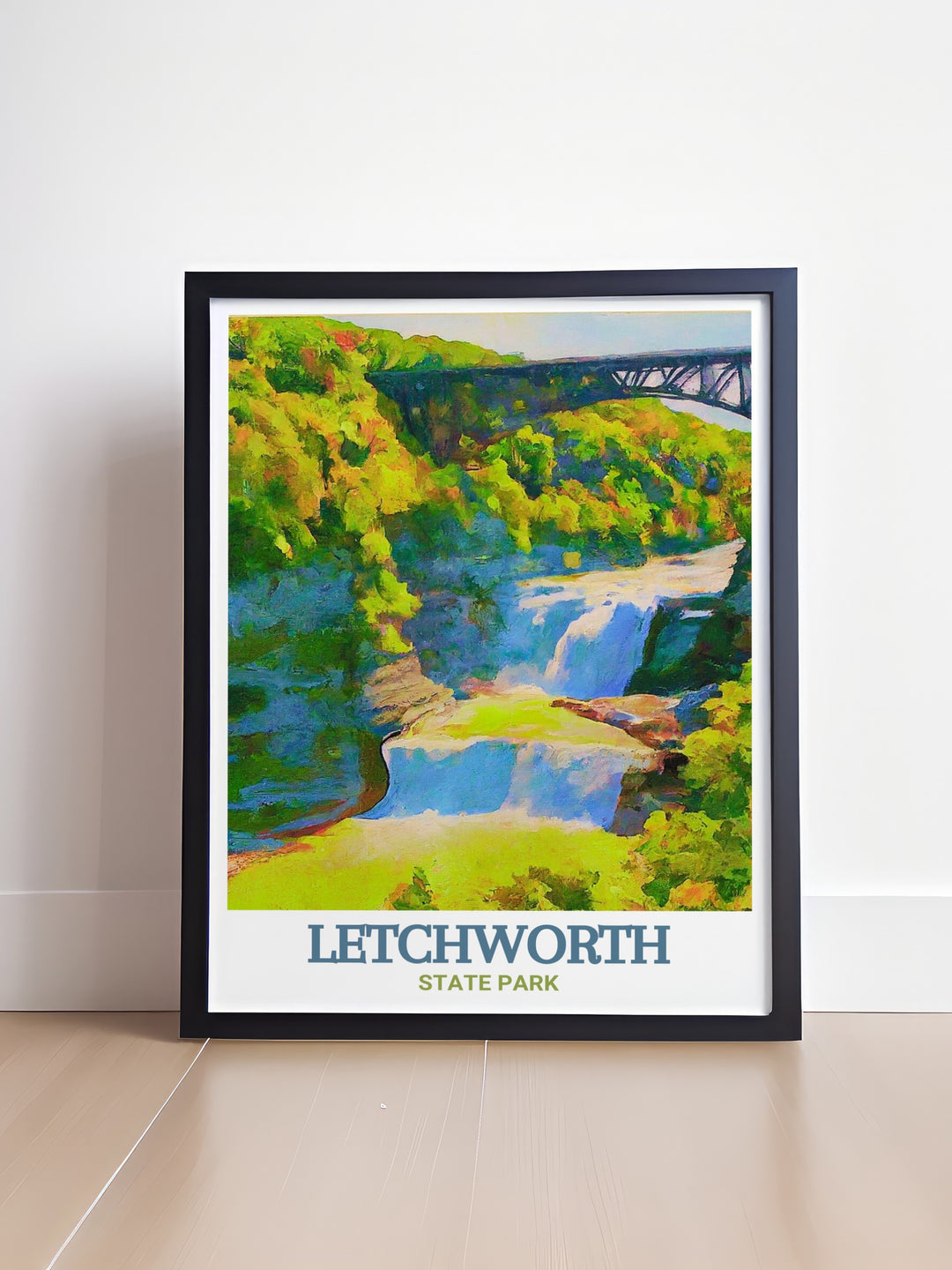 Fine art print of Upper Falls, highlighting the stunning natural scenery and dramatic landscapes of Letchworth State Park. This artwork brings the distinguished views of one of New York States most remarkable locations into your home, adding a touch of artistic grandeur.