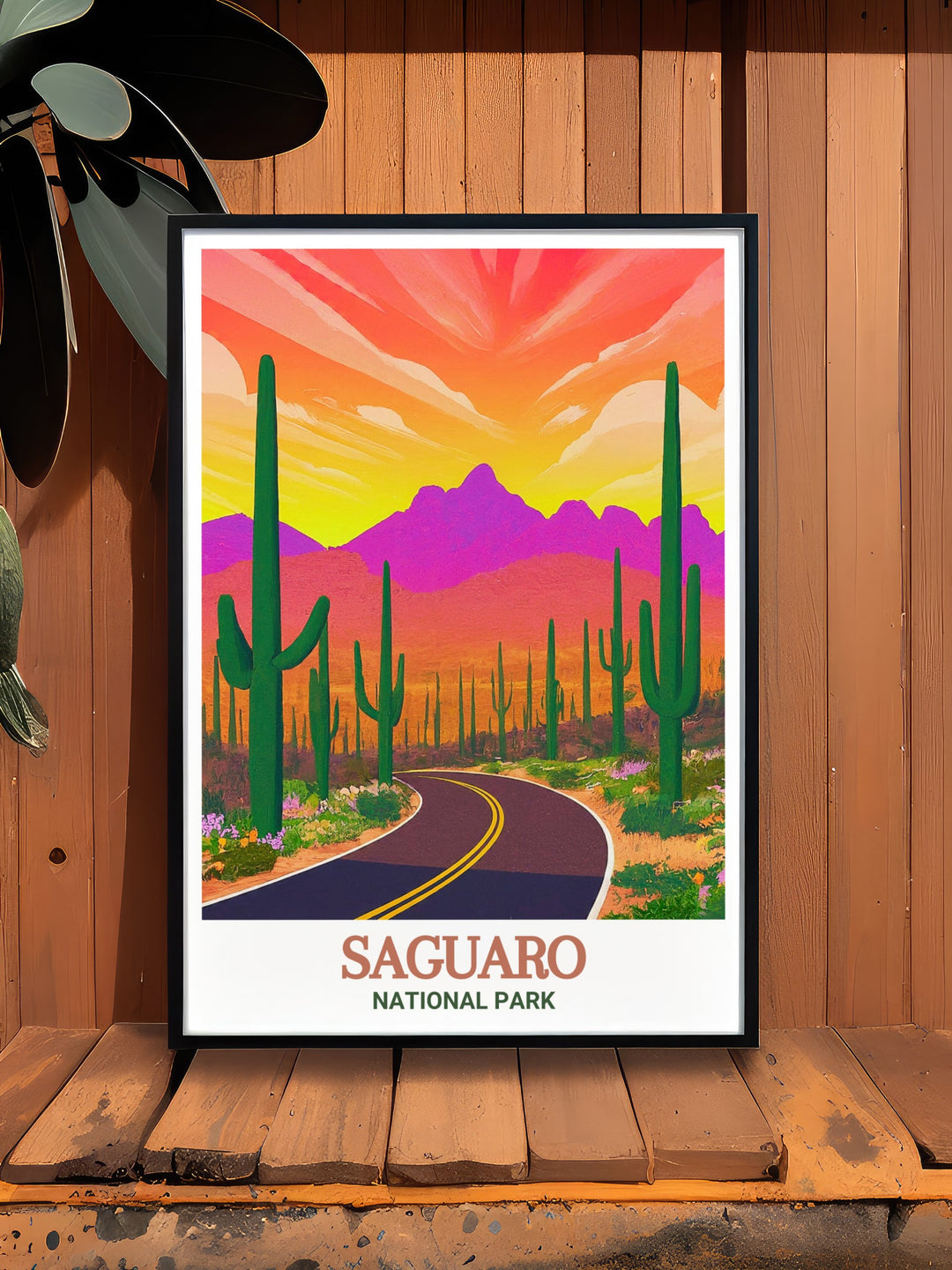 Relive the beauty of Arizonas natural landscapes with this vintage poster, highlighting the grandeur of Saguaro National Park and the serene vistas of Cactus Forest Drive, ideal for creating a warm, inviting atmosphere in your home.