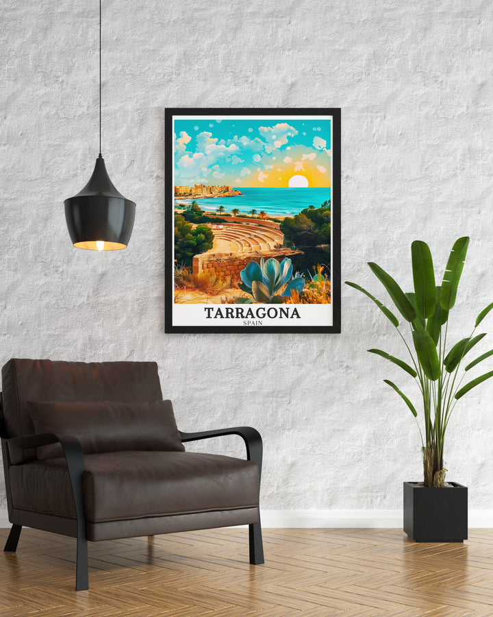 Tarragona Travel Gift showcasing the Roman Amphitheatre and Balco del Mediterrani. A captivating Spain Art piece that brings the Mediterranean allure and historical depth of Tarragona to your walls.