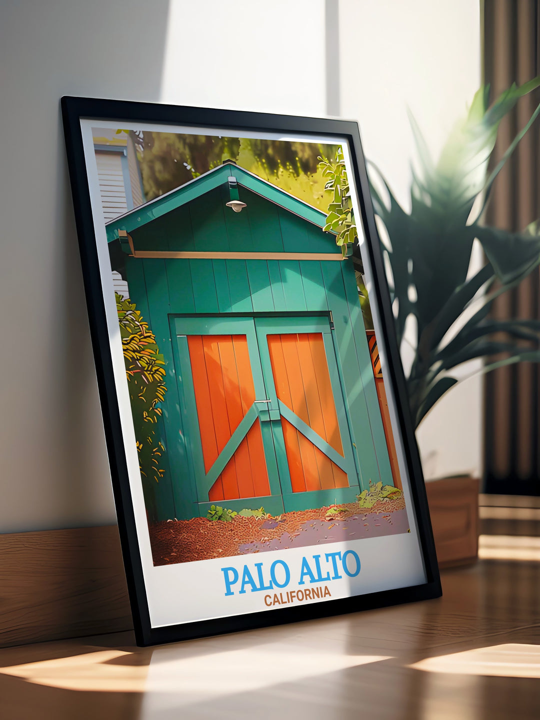 Personalized Palo Alto poster featuring the famous Hewlett Packard Garage. A travel poster print that blends vintage aesthetics with a modern touch, highlighting the iconic Hewlett Packard Garage and Palo Altos vibrant cityscape.