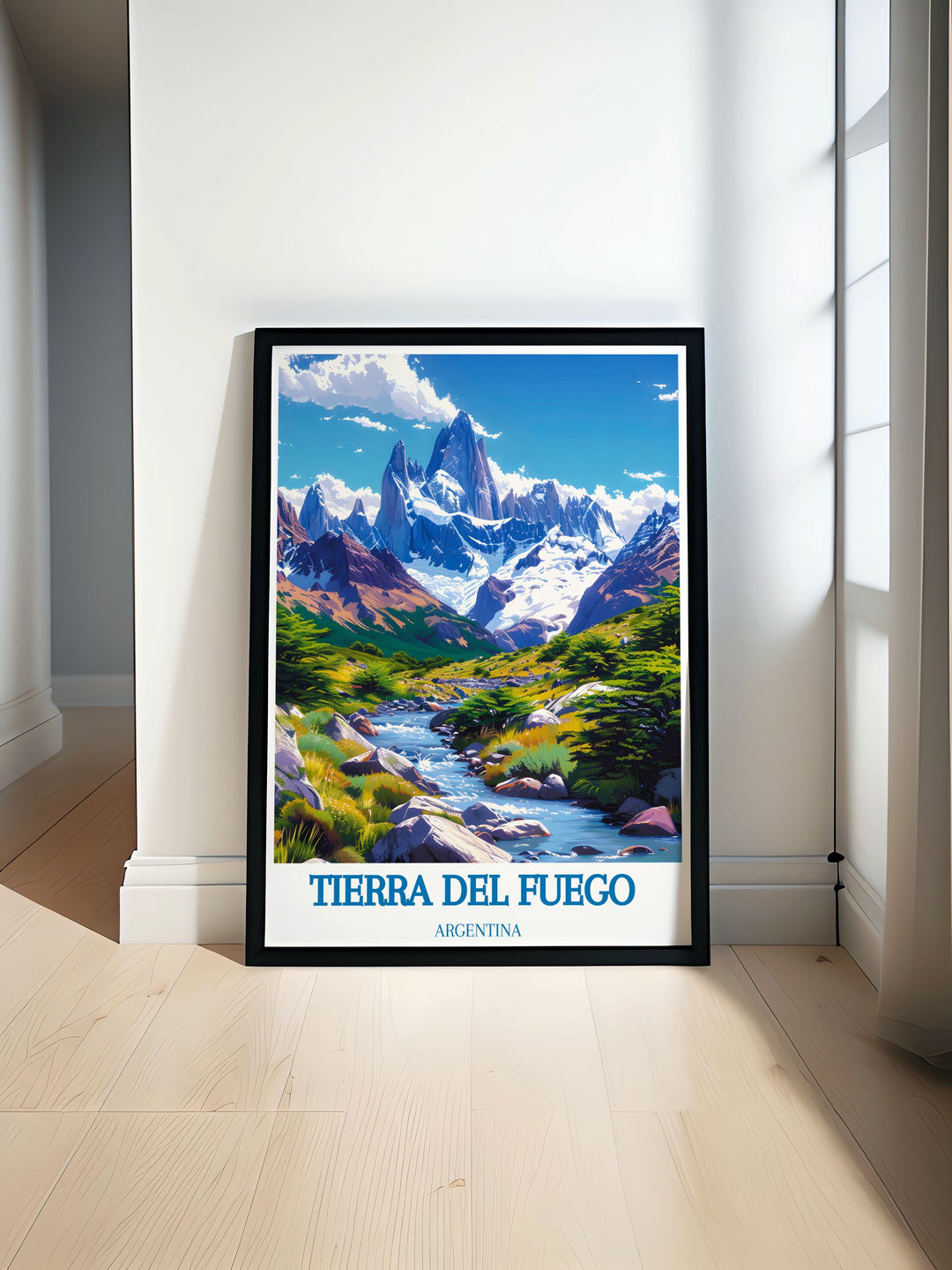 Celebrate the natural beauty of Argentinas national park with this art print, depicting the serene lakes, dense forests, and dramatic mountains of Tierra del Fuego.