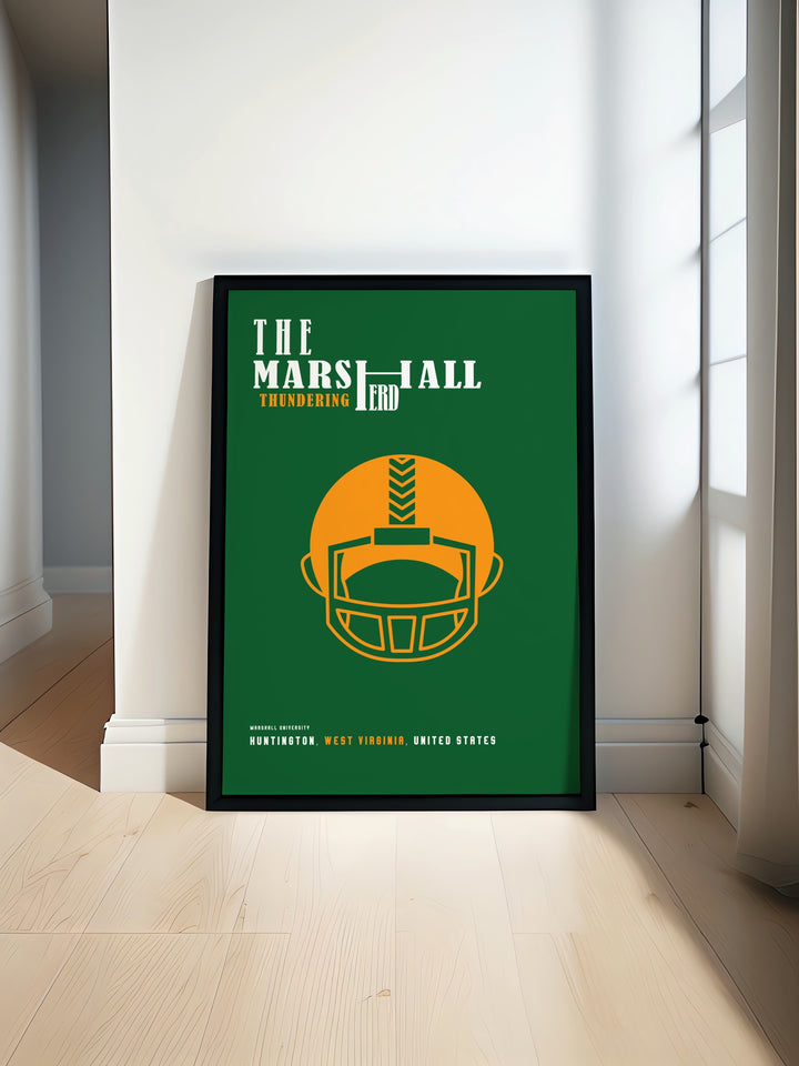 Joan C Edwards Stadium poster print showcases the excitement of Marshall Football making it perfect for any sports fan. This retro college art print captures the energy of the Marshall Thundering Herd and adds a bold statement to your living room or dorm.