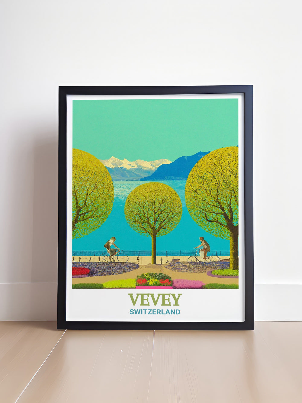 Travel poster of the Vevey Promenade, capturing the scenic walkway along Lake Genevas sparkling waters. This Switzerland print is ideal for home décor, offering a calm and elegant reminder of the beauty of the Swiss Riviera.