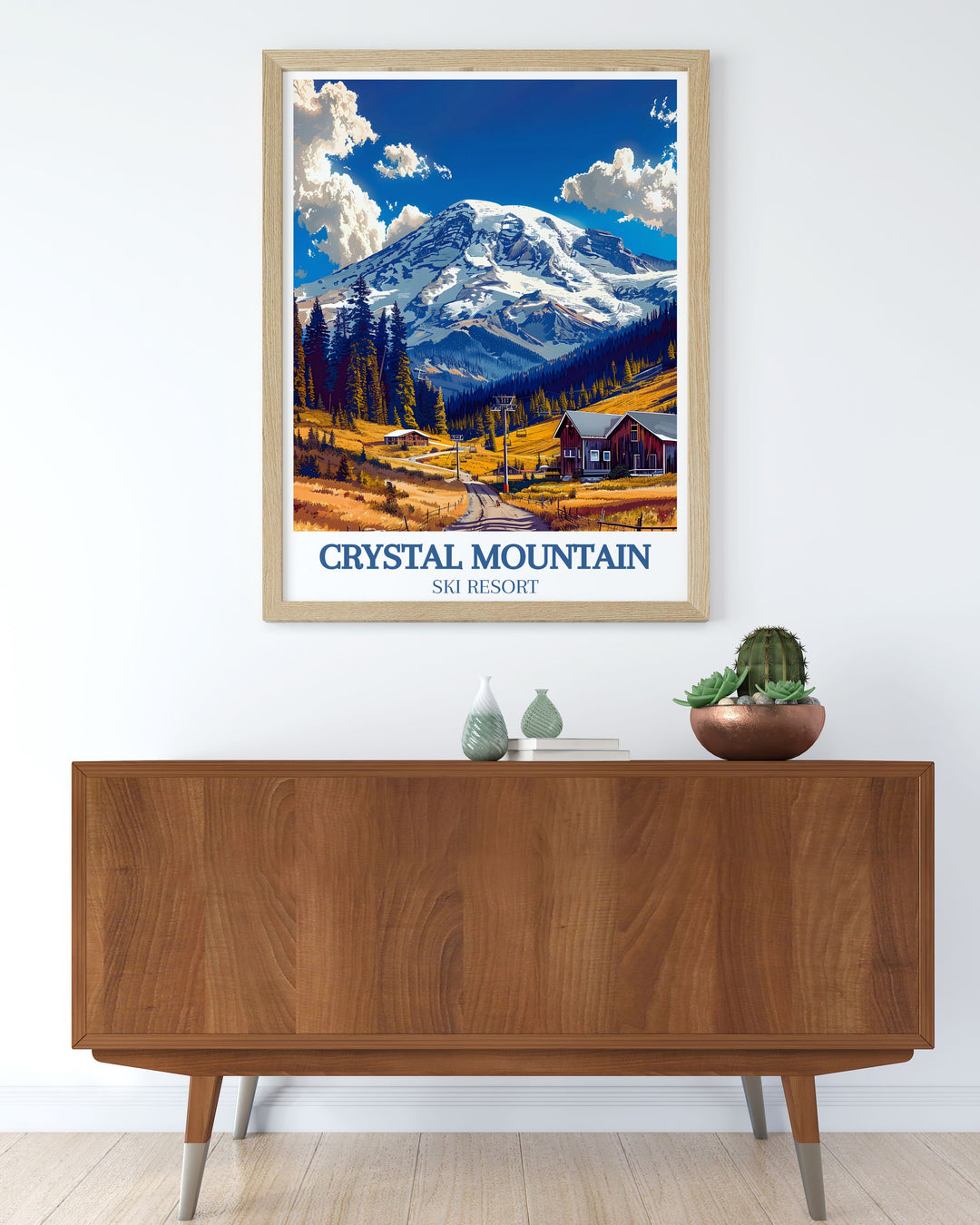 This travel poster highlights the exhilarating snowboarding opportunities at Crystal Mountain, set against the stunning backdrop of Washingtons Cascade Range.
