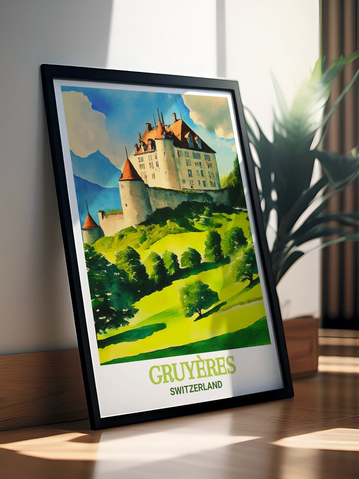 Gruyeres Castle modern art print capturing the serene beauty of the Swiss countryside and the grandeur of the castle. This elegant home decor piece is perfect for those who love travel art and Swiss history.