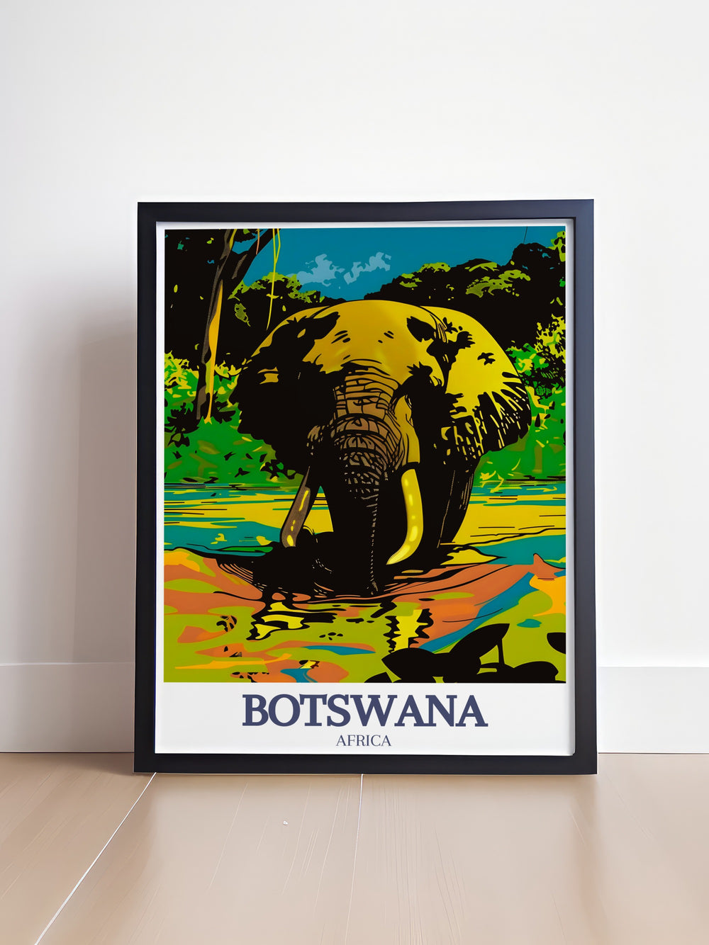 Botswana travel art showcasing the Okavango Delta and Moremi Game Reserve. Enhance your home with breathtaking Botswana posters and prints that highlight the serene landscapes and rich biodiversity of these stunning locations.
