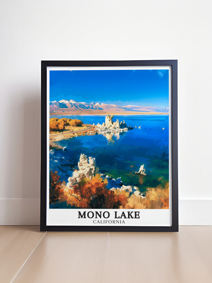 Modern Mono Lake Tufa towers artwork from the Mono Lake Tufa State Natural Reserve perfect for elevating any living room decor. This California travel print showcases one of the states unique landscapes and is ideal for anyone seeking artistic nature decor.