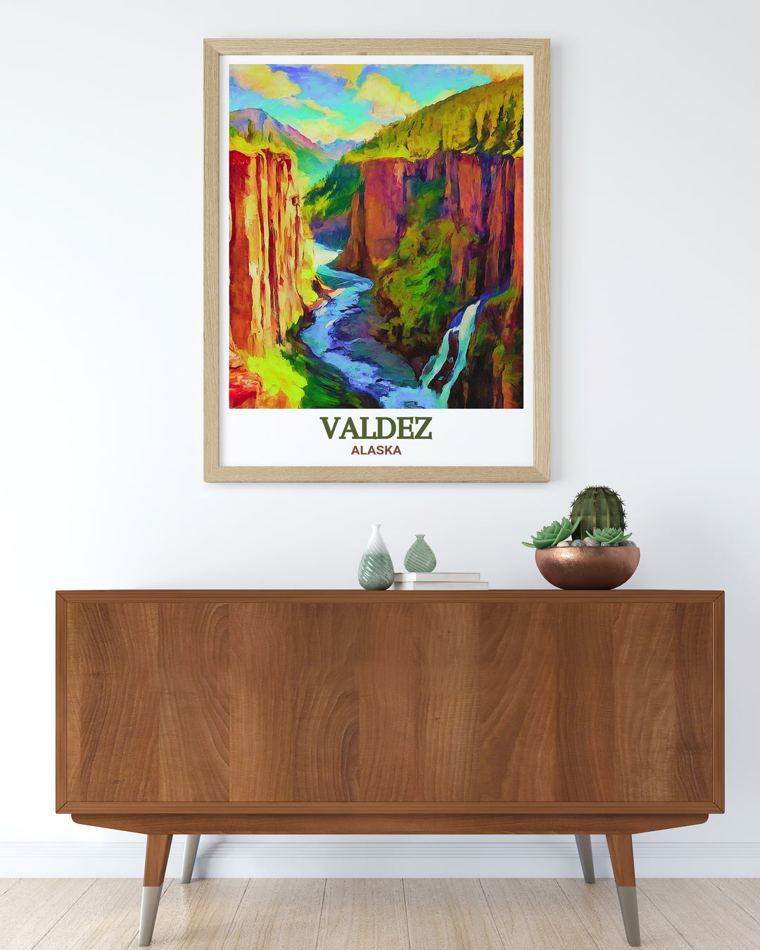 Celebrate the majestic beauty of Keystone Canyon and Valdez with this Alaska wall print. The rugged cliffs and cascading waterfalls are depicted in stunning detail, making this artwork a must have for adventurers and travel enthusiasts alike.