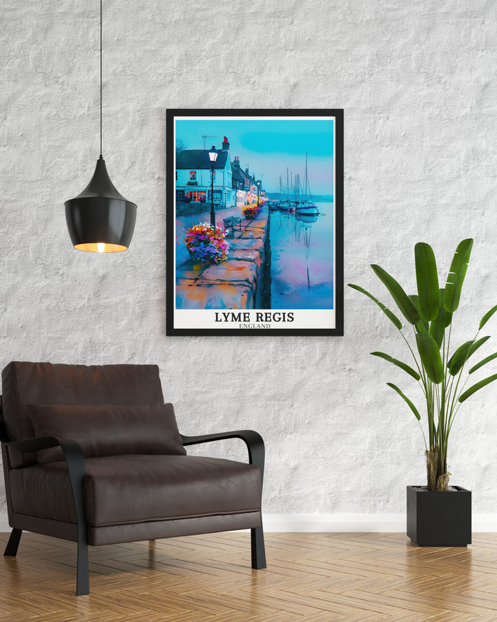 This Lyme Regis travel poster celebrates the peaceful charm of The Cobb and Lyme Regis Harbour. The detailed depiction of this iconic destination makes it a beautiful addition to any home, ideal for those who appreciate British coastal towns and maritime history.