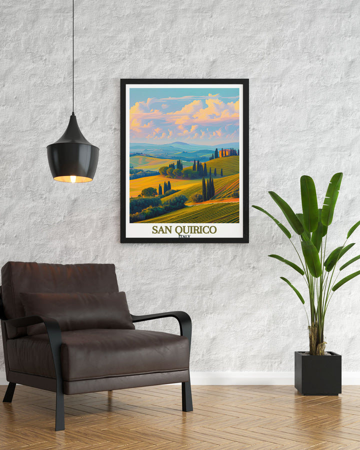 Add color and charm to your space with the San Quirico Archway Poster Print. When combined with Val dOrcia Hills framed prints it creates a beautiful and cohesive decor perfect for bedrooms or living rooms. Ideal for those looking for vibrant travel art prints.