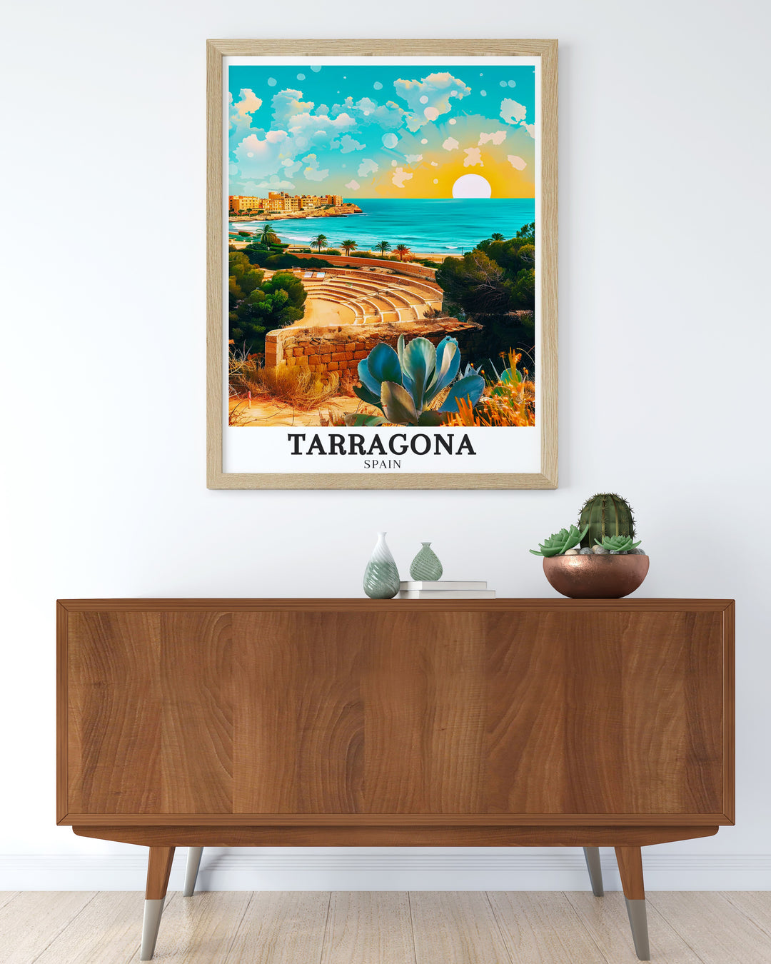 Roman Amphitheatre and Balco del Mediterrani depicted in this Tarragona Wall Art. A stunning representation of Spains rich architectural and cultural heritage, suitable for any elegant home decor.