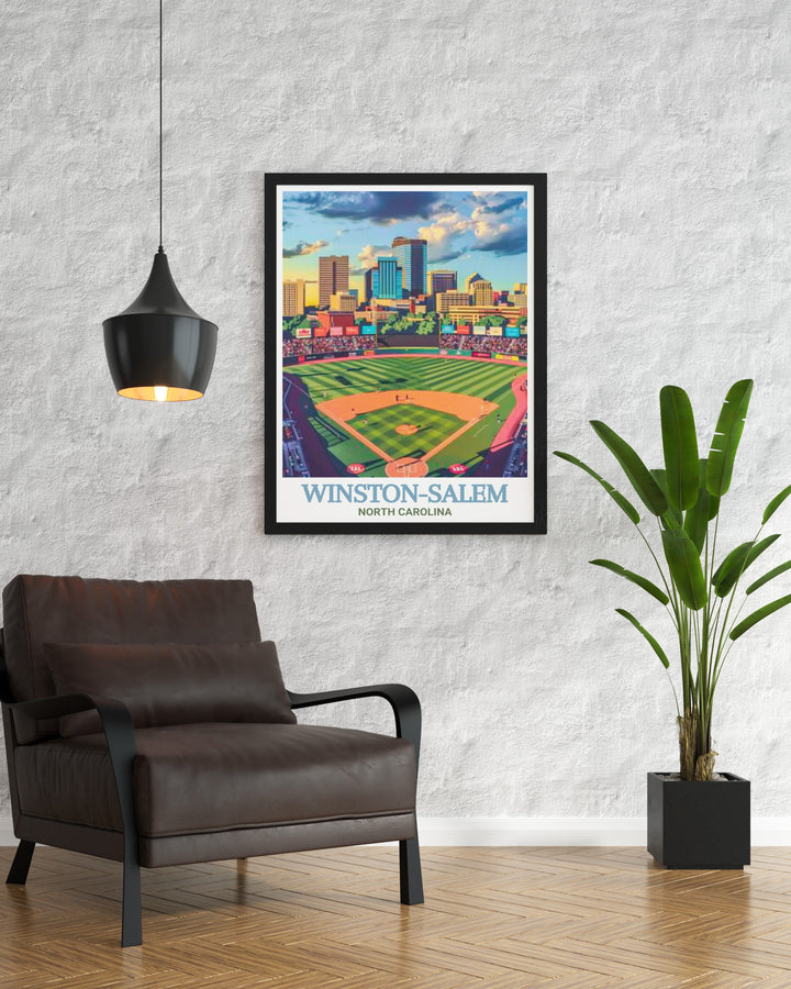 BB&T Ballpark travel poster highlighting the scenic views and dynamic environment of Winston Salem. This print is ideal for urban decor enthusiasts, bringing a touch of the citys vibrant community spirit into your home.