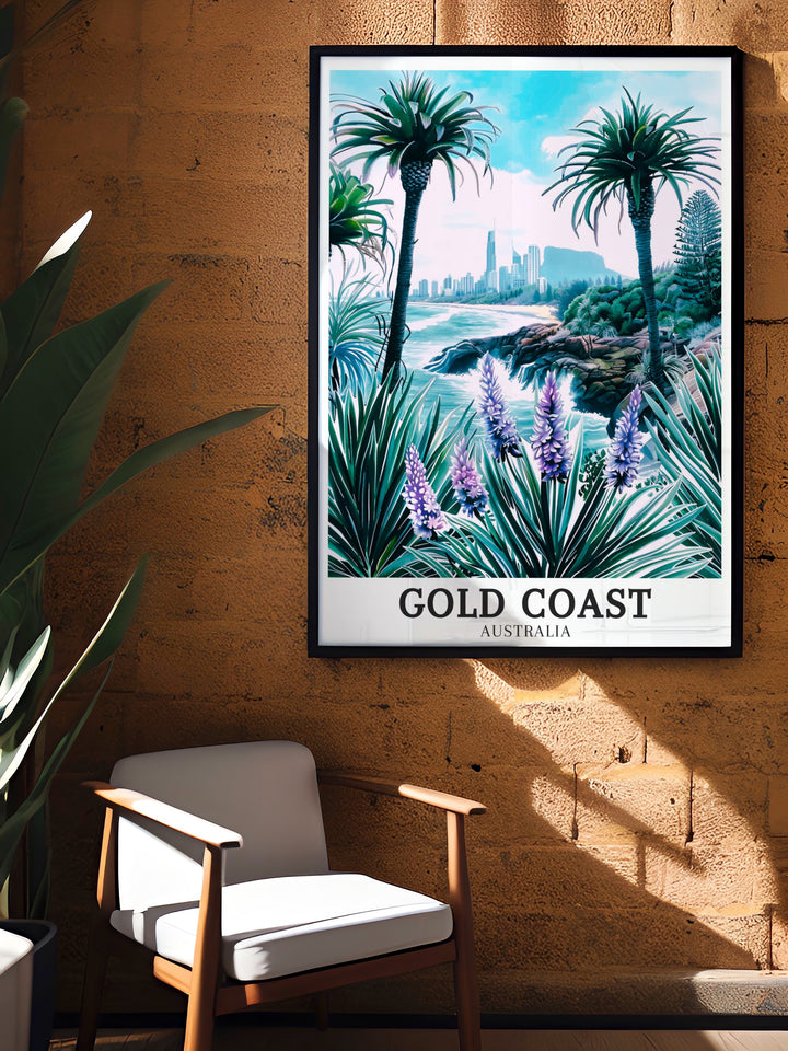 This Gold Coast vintage poster highlights the timeless appeal of Australias iconic coastal destination. With its stunning beaches and lively atmosphere, the Gold Coast remains a favorite for travelers. This poster brings a retro touch to your space while celebrating the beauty of Queenslands coastline.