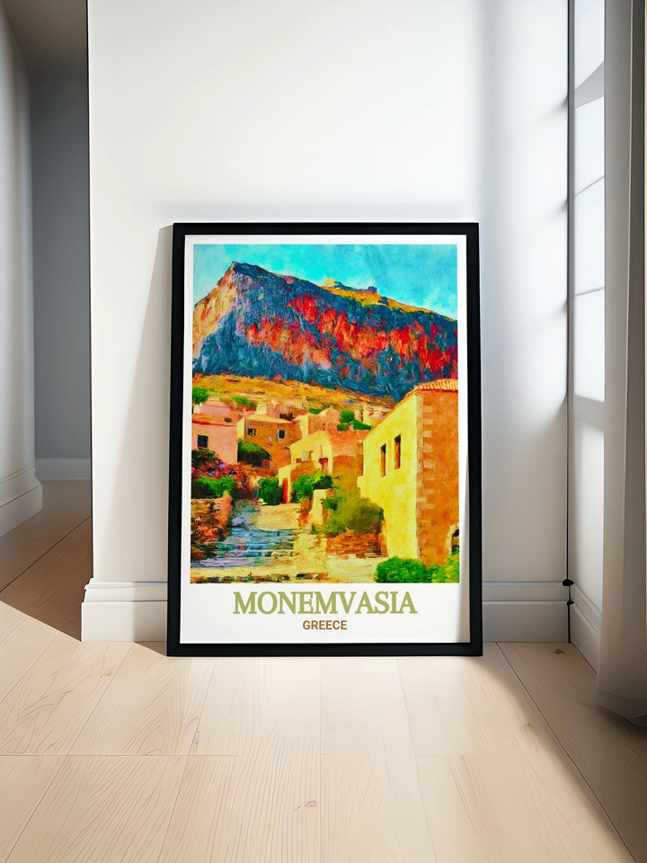 Greece Framed Art showcasing the picturesque town of Monemvasia, with its medieval architecture and panoramic views of the Mediterranean. This framed piece is designed to bring the serene beauty of Greeces coastal landscapes into your home decor.