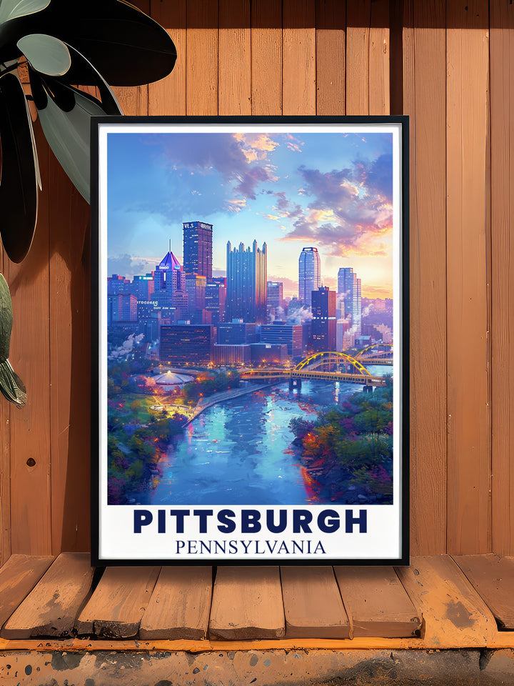 Detailed Pittsburgh cityscape print featuring the skyline and bridges. This fine line art print captures the beauty of Pittsburghs famous landmarks, including its iconic bridges and Downtown district, perfect for home décor or a travel gift.