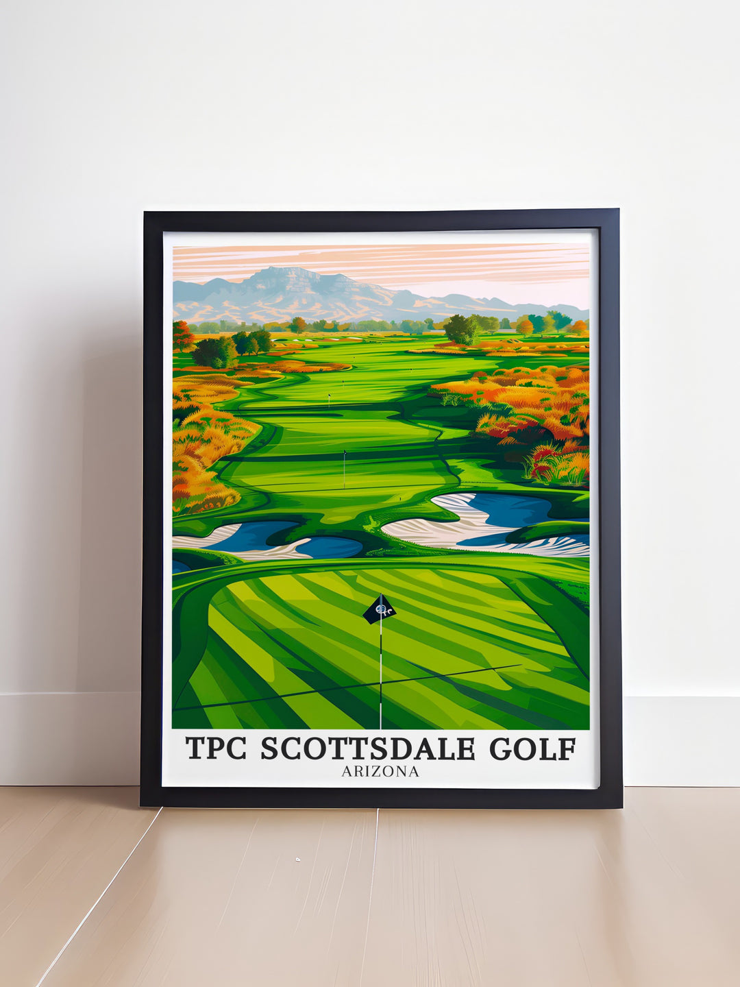 McDowell Mountains poster highlighting the rugged beauty of Arizonas landscape, with the famous golf course of TPC Scottsdale in the foreground. This nature inspired artwork brings the striking scenery of Arizonas desert and mountains into your home or office.