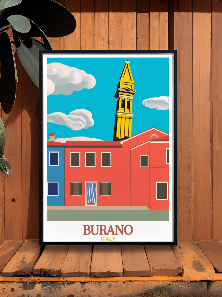 Stunning Burano Cityscape with colorful houses and the picturesque San Martino Church. This Burano Artwork is perfect for bringing a piece of Italy into your home decor.