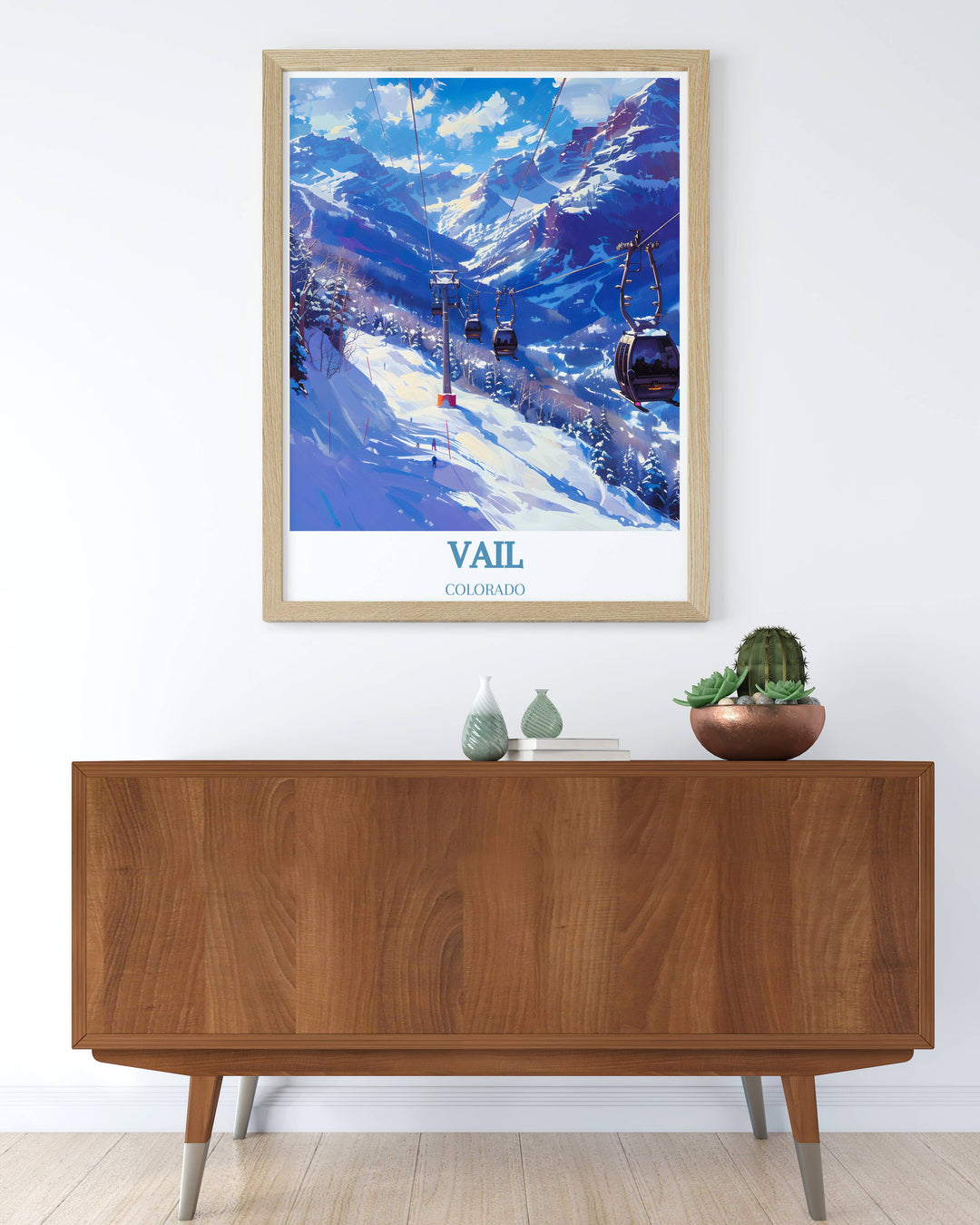 Vintage Vail Ski Resort poster with retro styling and vibrant colors, evoking nostalgia for classic travel posters. Ideal for adding historical charm to your home or office.