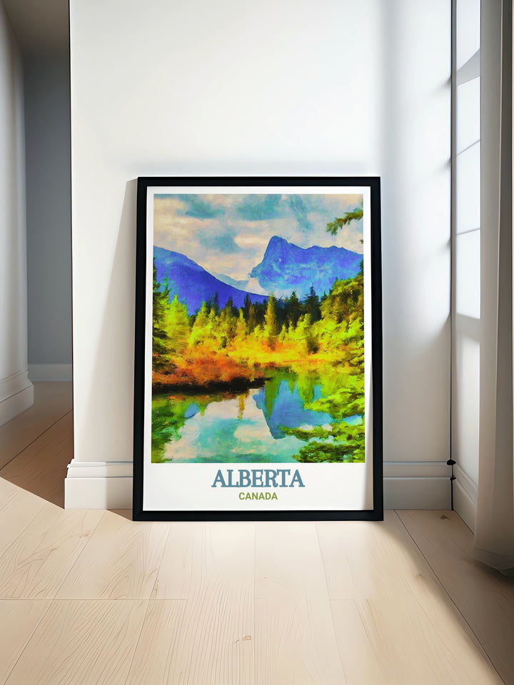 Alberta art print of Jasper National Park, capturing the pristine beauty and diverse ecosystems of this iconic destination. This poster is designed to bring a sense of tranquility and natural splendor to your home decor, celebrating Jaspers vibrant landscapes and Albertas wilderness.