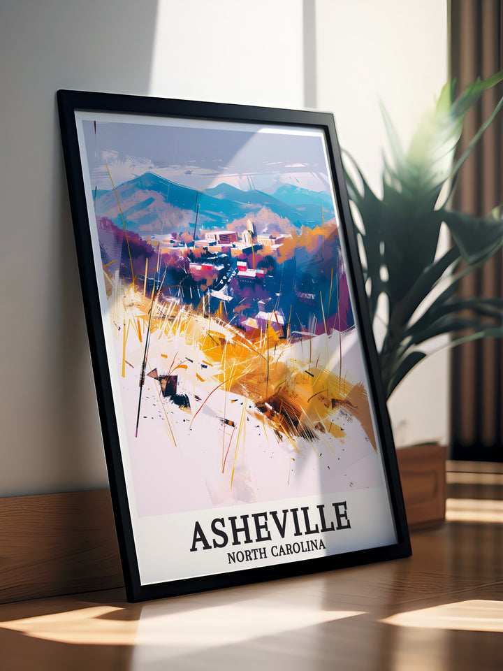 Elevate your living room with this Blue Ridge Mountains Asheville Town art print a beautiful representation of the city with its lively streets and mountainous backdrop perfect for wall art or as a special gift for loved ones celebrating important milestones.