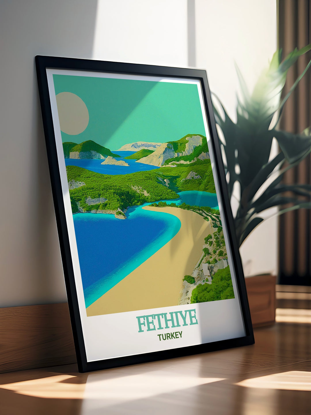 Travel poster of Ölüdeniz Beach in Fethiye showcasing the stunning turquoise waters and serene shoreline. This Turkey coastal art captures the beauty of the beach, making it a perfect addition to home decor for those who love peaceful and scenic views.