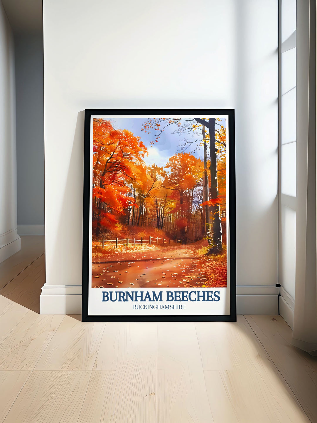 The picturesque scenery of Burnham Beeches and the historic allure of Hartley Court Moat are featured in this vibrant travel poster, perfect for adding the UKs unique charm and heritage to your home.