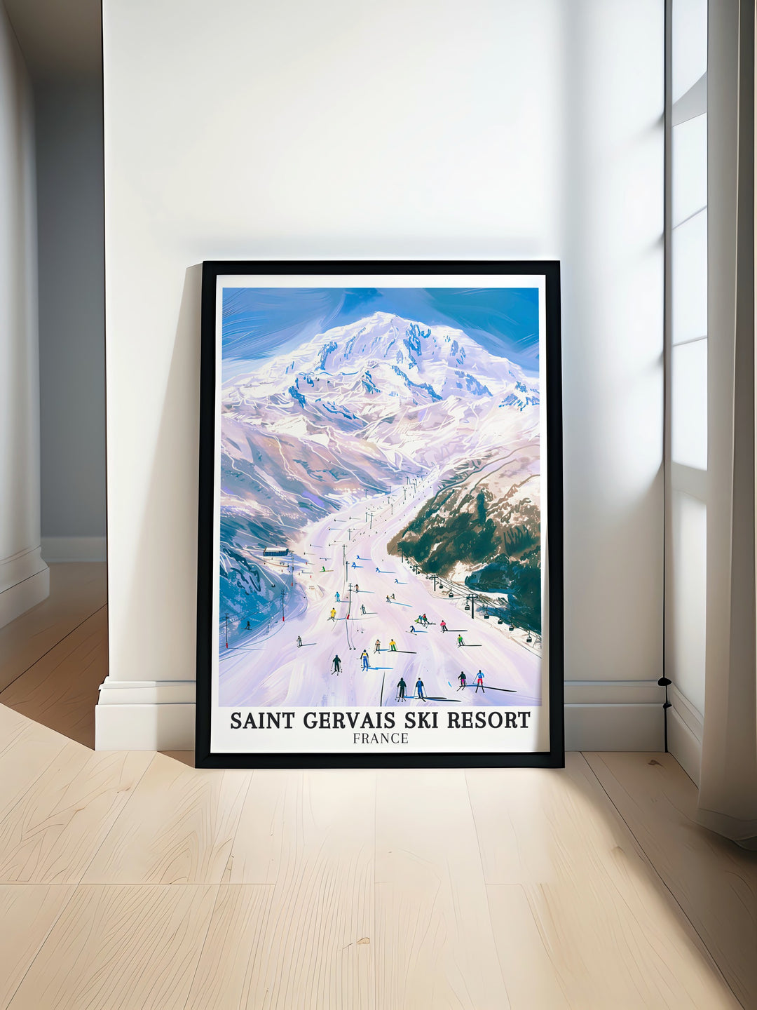 Mont Blancs towering presence, captured in a custom print that highlights its awe inspiring beauty. This piece is ideal for those who appreciate the rugged landscapes and the timeless allure of the Alps, bringing a piece of natures grandeur into your home.