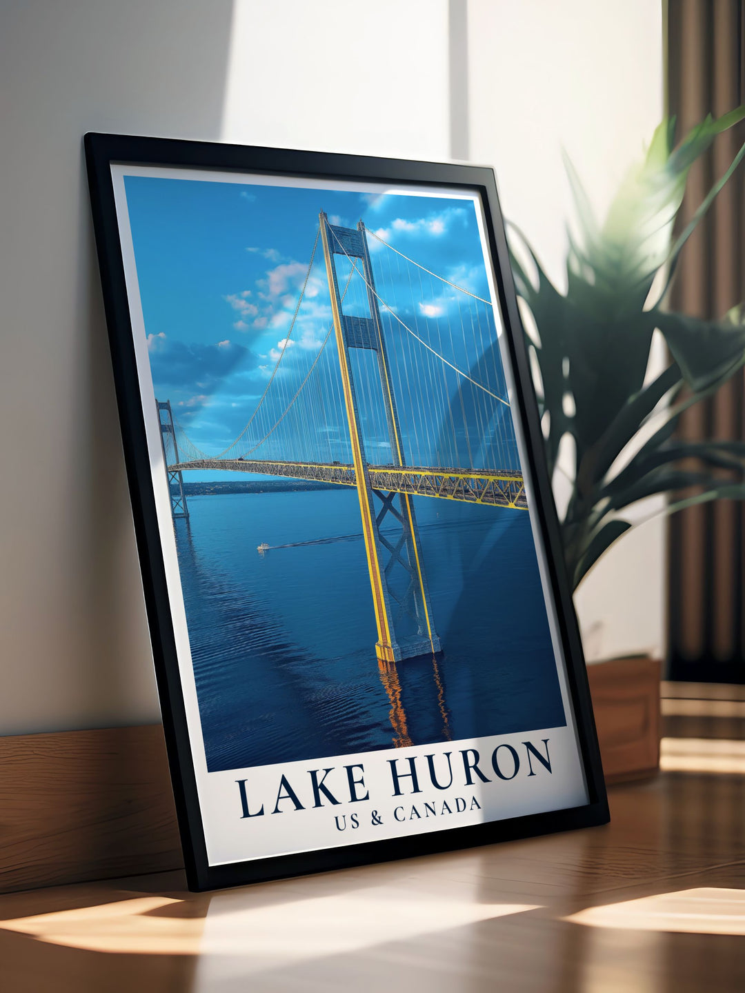 Transform your living room with the Lake Huron framed prints that highlight the Mackinac Bridge. These beautiful artworks bring the serene and picturesque landscapes into your home creating a sophisticated and calming environment