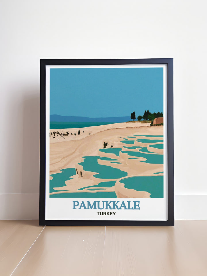 A stunning art print capturing the ethereal beauty of Pamukkale, with its white terraces and azure thermal pools. This artwork brings the serenity of one of Turkeys most famous natural wonders into your home, making it a perfect addition to any room.