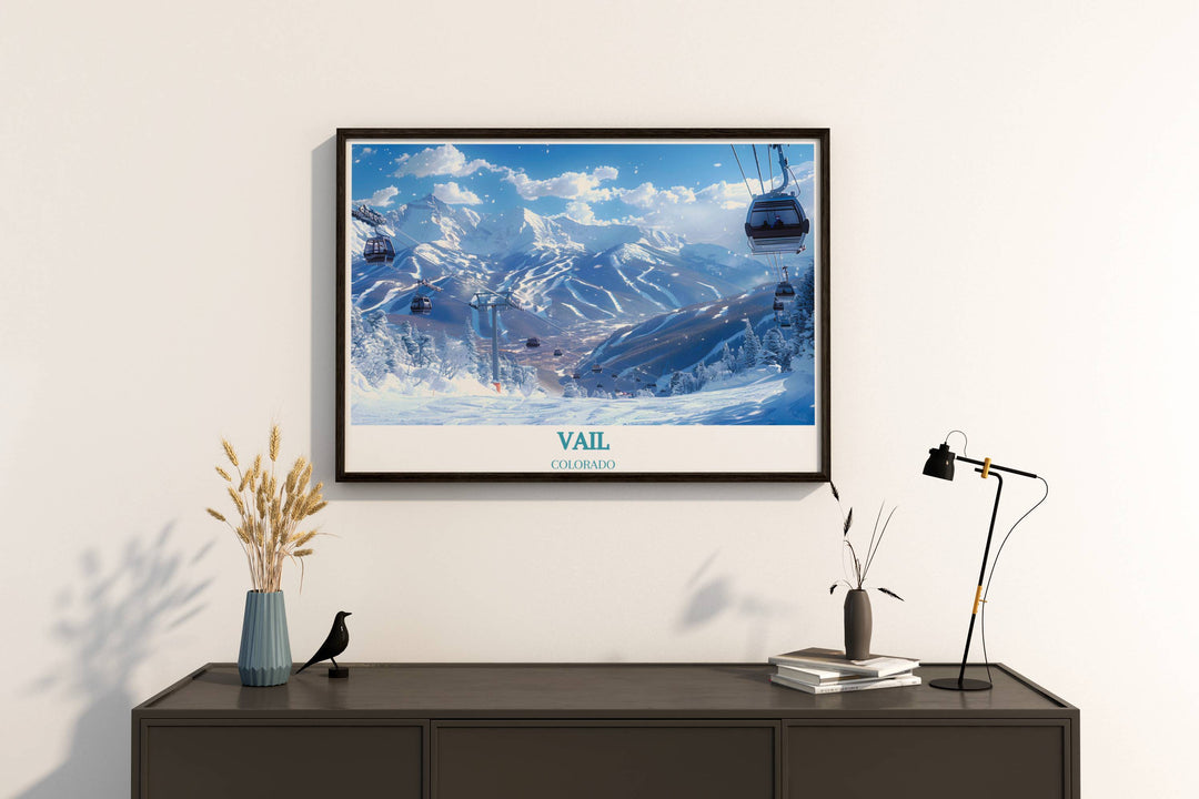 Retro travel poster of Vail Ski Resort, perfect for adding a classic winter charm to your decor. Showcases the resorts scenic beauty and inviting atmosphere.