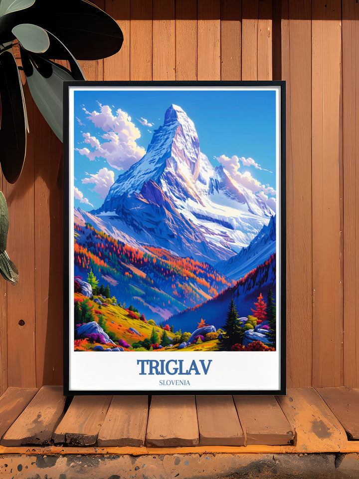 Triglav Peak framed print highlighting the iconic Mount Triglav in Slovenia set against the picturesque backdrop of Lake Bled an ideal piece of wall art for those who love Slovenia travel and want to bring the spirit of adventure into their home.