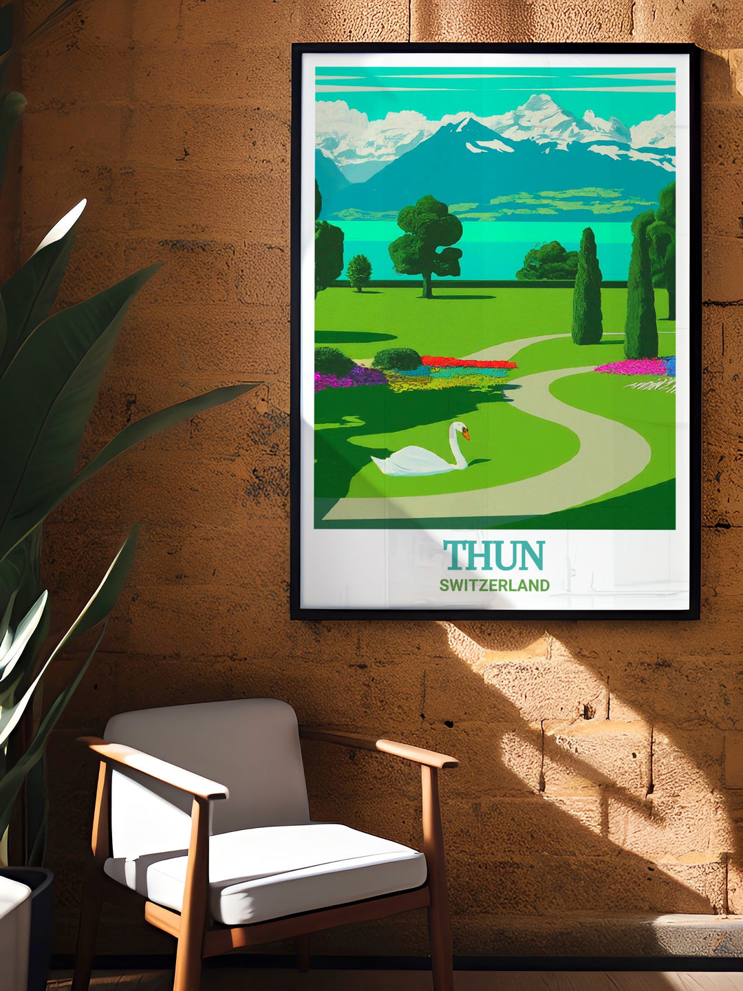 Lake Thun Poster Print featuring the peaceful Schadau Park, ideal for adding a touch of Swiss nature to any room. A wonderful gift for art lovers and travelers, celebrating the beauty of Switzerland.