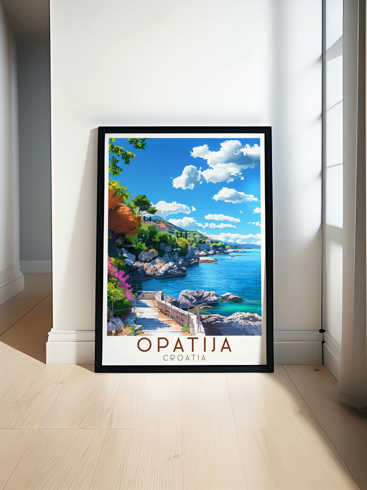 Discover the charm of The Lungomare Promenade with this Opatija poster print a stunning piece of Croatia wall art that adds elegance and beauty to any space perfect for art collectors and those who cherish coastal landscapes