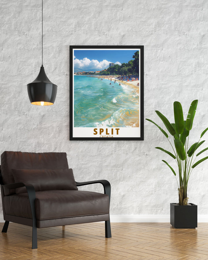 Featuring the majestic Bačvice Beach, this poster celebrates the unique blend of history and coastal beauty in Split, inviting viewers to explore the citys iconic sites and vibrant atmosphere.