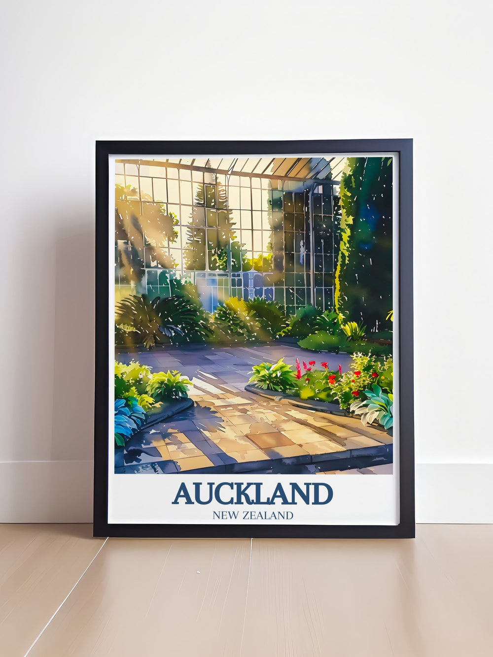 Beautiful Auckland art print capturing the botanical beauty of the Wintergardens with their vibrant colors and delicate plants, perfect for home decor.
